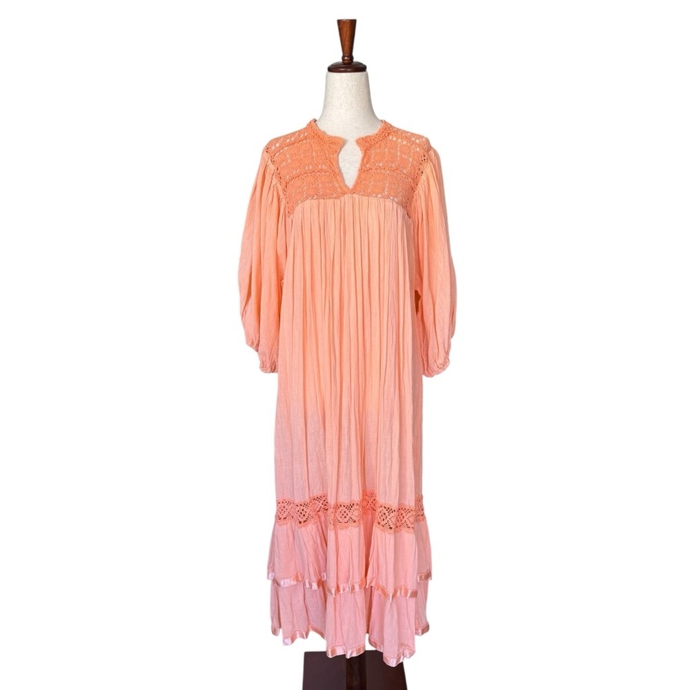 Vintage 70s Peach Cotton Gauze Midi Dress Puff Sleeve Crochet Ribbon Trim Boho